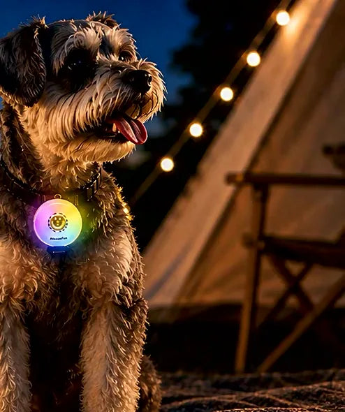Dog wearing a FAFA light at a campsite in the evening